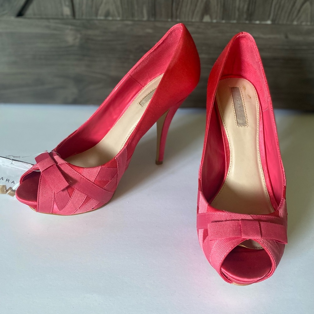 Zara Pink satin open toe pumps with bow, sz 40 NWT